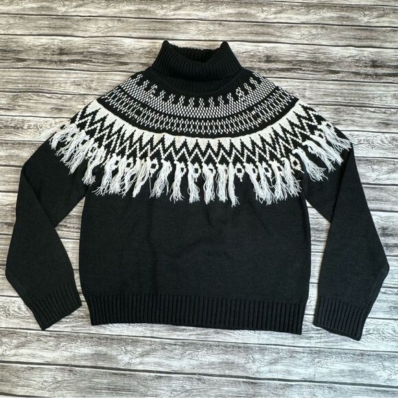 CATO Women Fair Isle Sweater Tassels Black White M Med Medium Raglan Long Sleeve - Picture 3 of 13